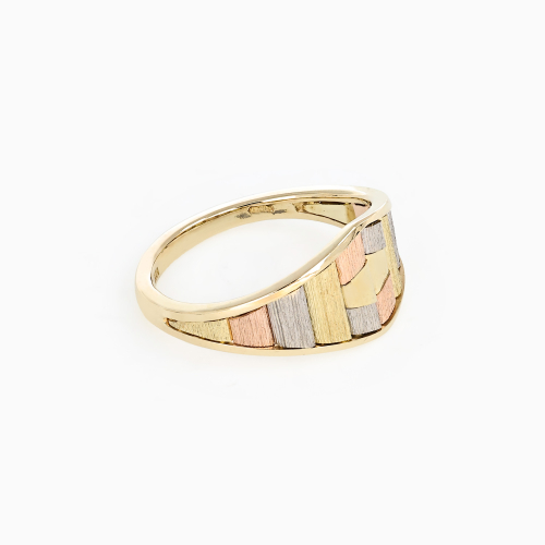 Retro Tri-Color Mosaic Inlay Ring, 14k Gold